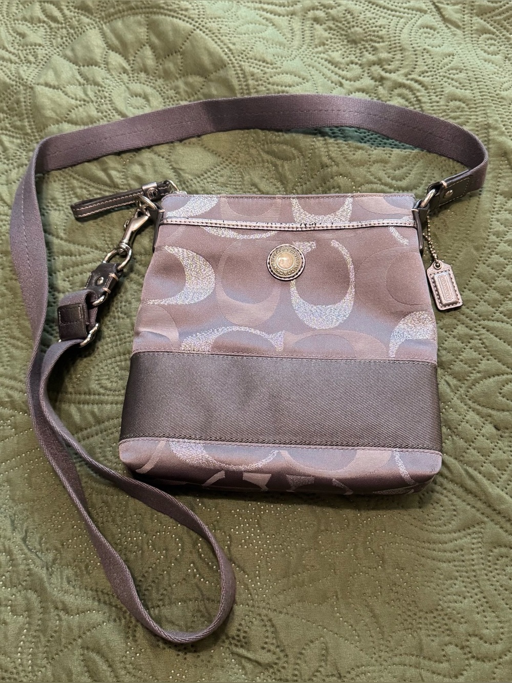 Coach Signature Stripe Swingpack Crossbody – Grey/Silver Y2K